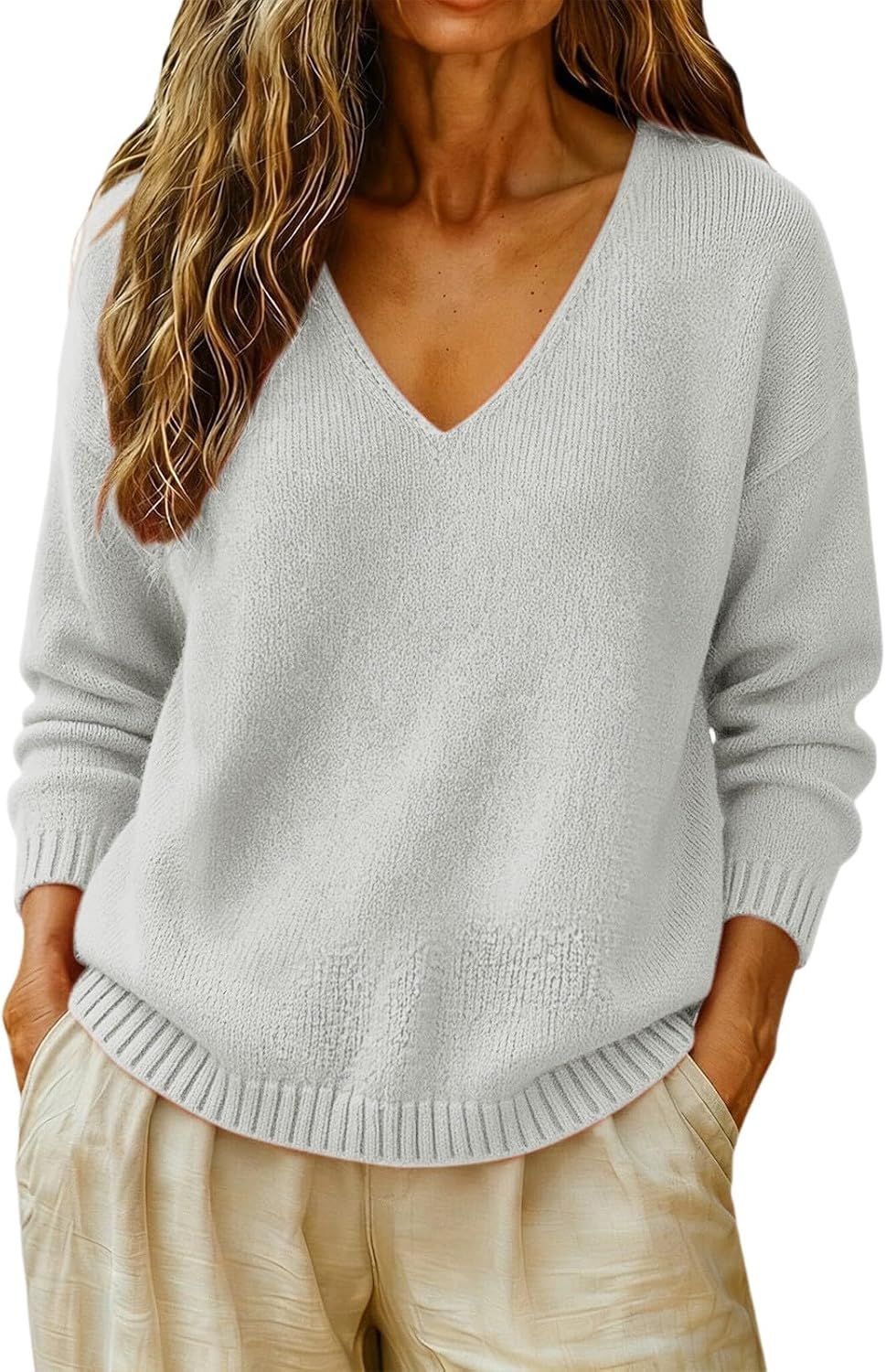 cxzeqwoke V-neck knit pullover sweater for women, photo 4 of 15