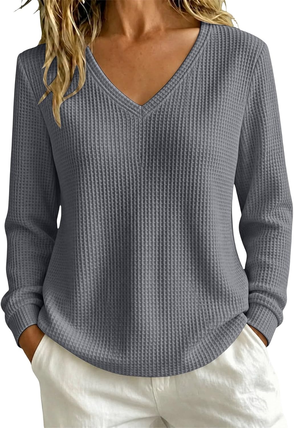 Women's waffle knit V-neck pullover sweater, photo 1 of 9