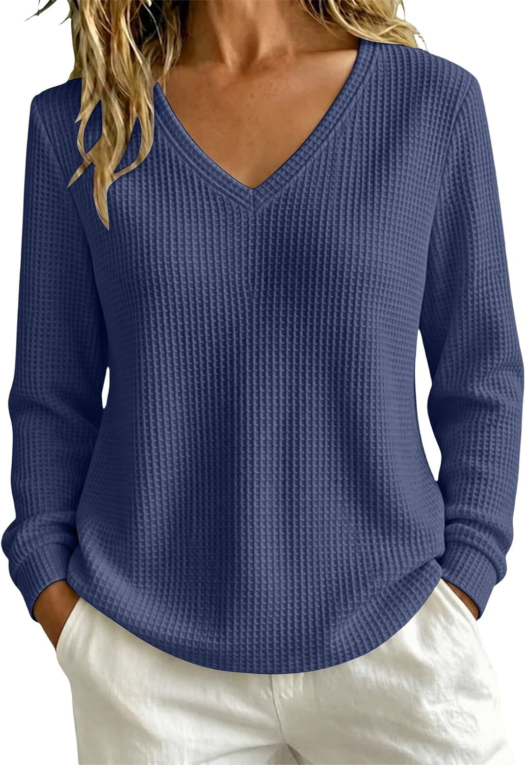 Women's waffle knit V-neck pullover sweater, photo 5 of 9
