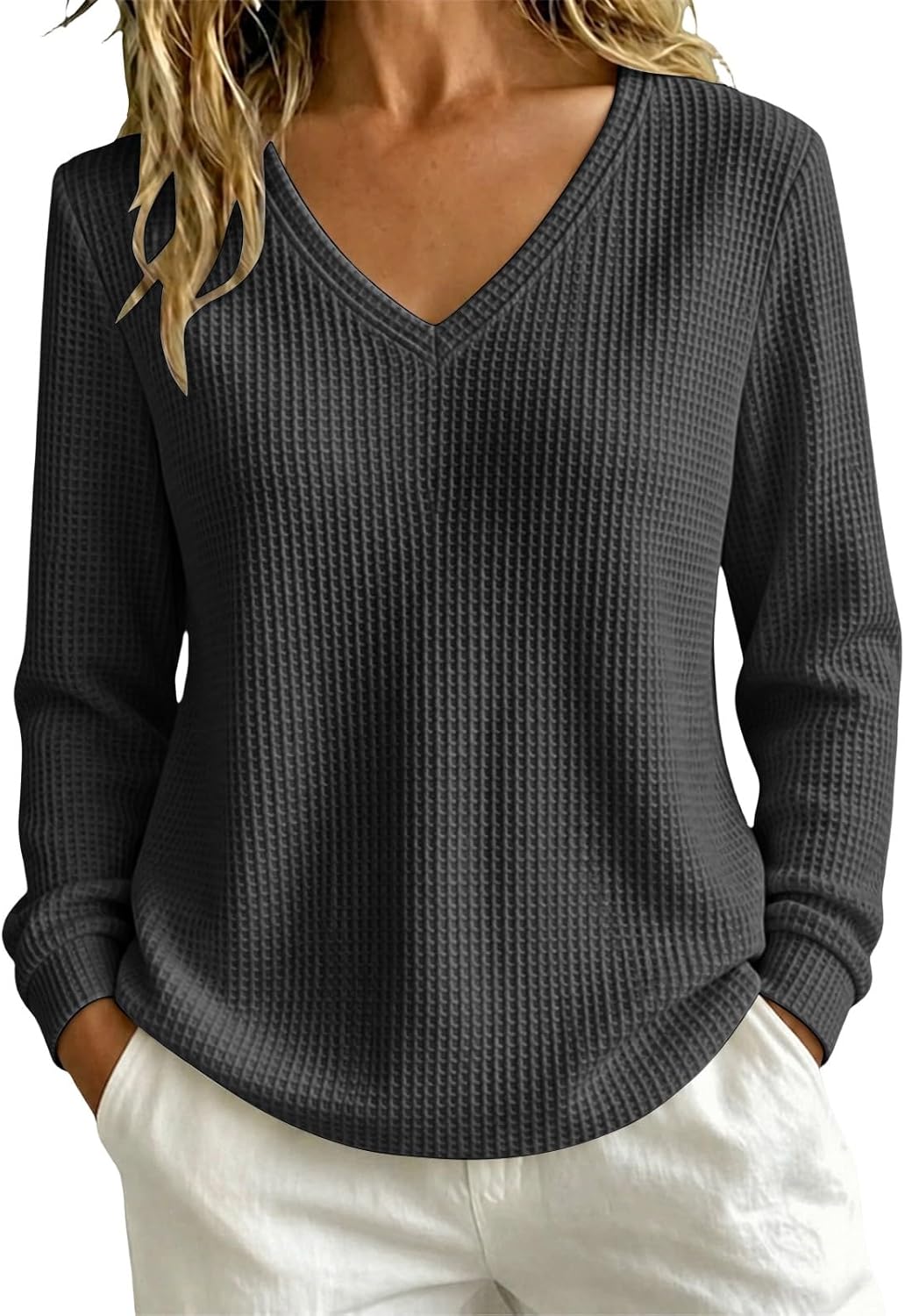 Women's waffle knit V-neck pullover sweater, photo 2 of 9