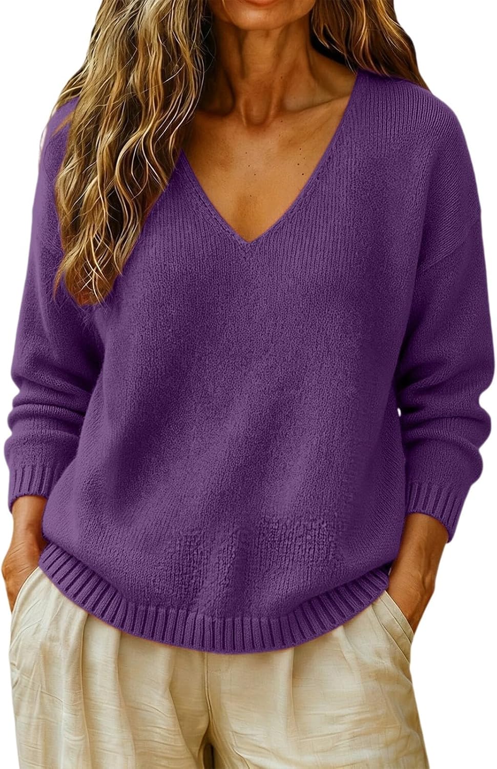 cxzeqwoke V-neck knit pullover sweater for women, photo 2 of 15