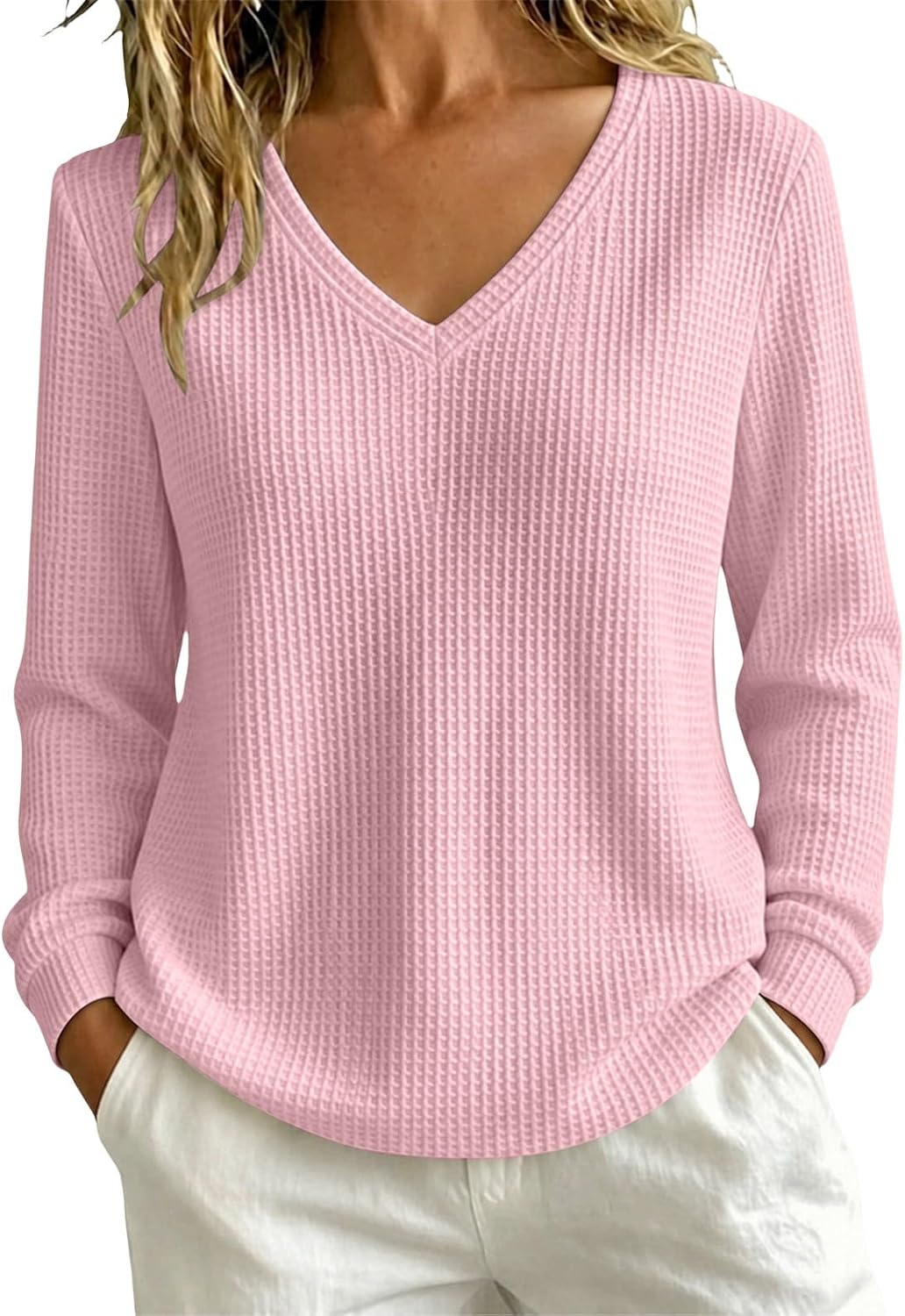 Women's waffle knit V-neck pullover sweater, photo 6 of 9