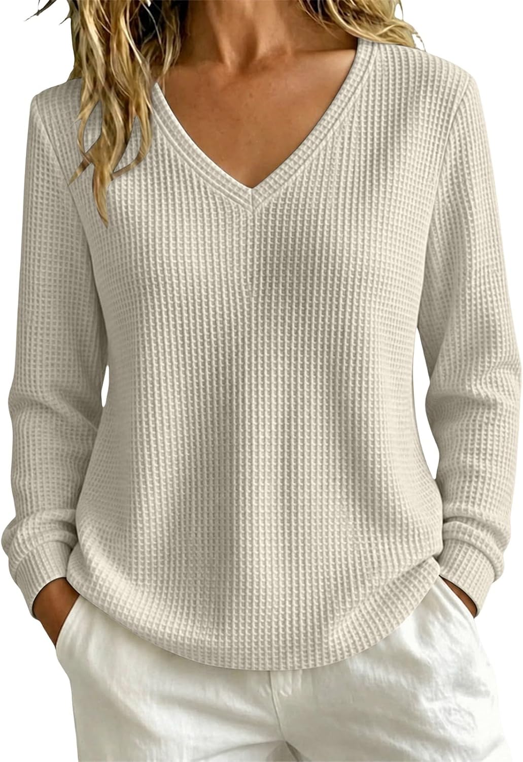 Women's waffle knit V-neck pullover sweater, photo 8 of 9