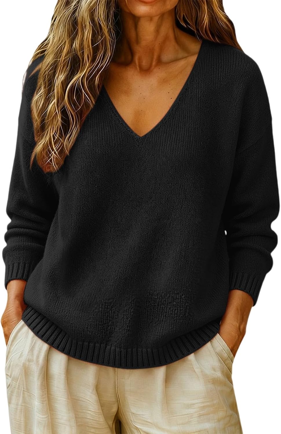 cxzeqwoke V-neck knit pullover sweater for women, photo 13 of 15