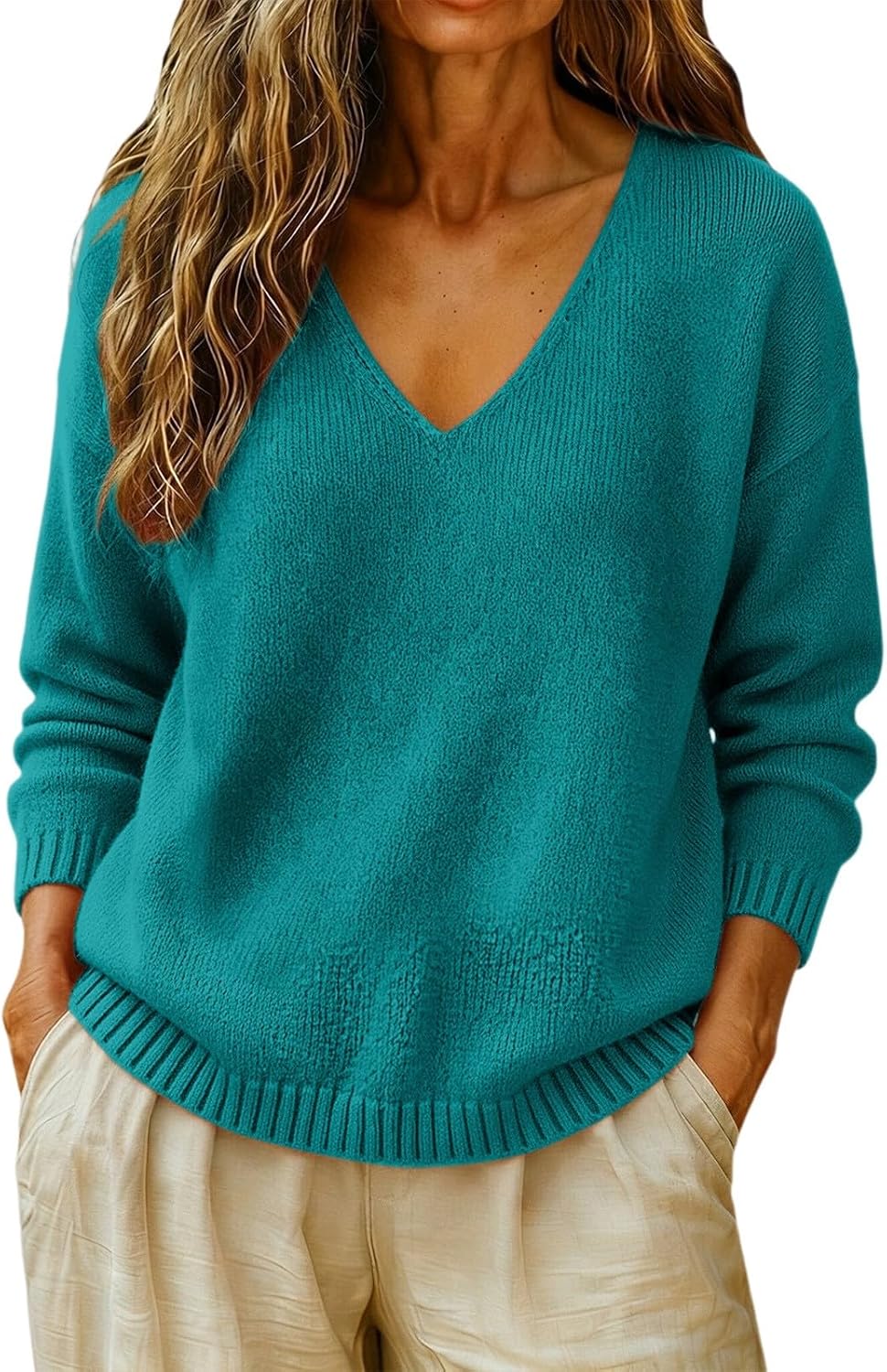 cxzeqwoke V-neck knit pullover sweater for women, photo 15 of 15
