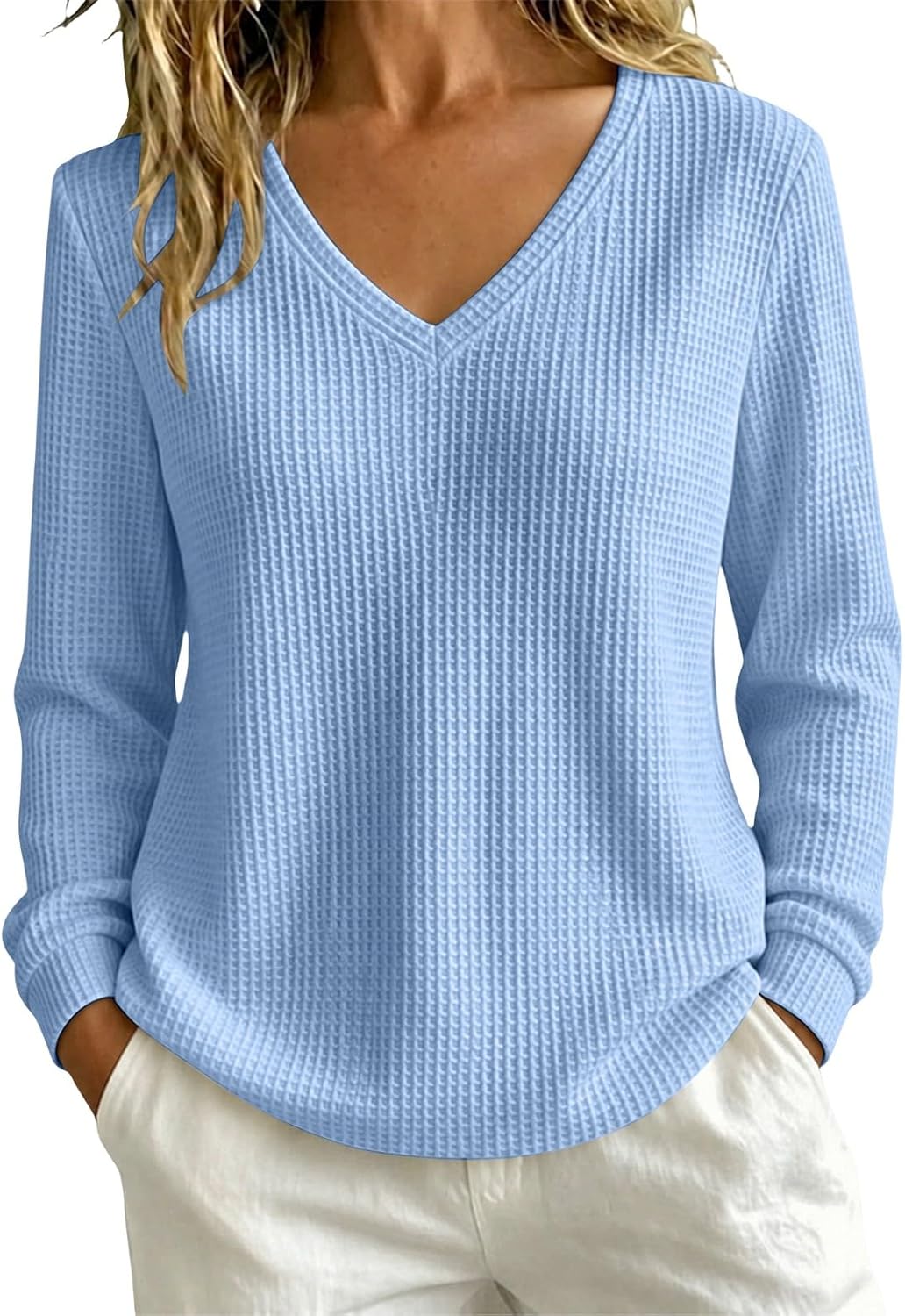 Women's waffle knit V-neck pullover sweater, photo 4 of 9