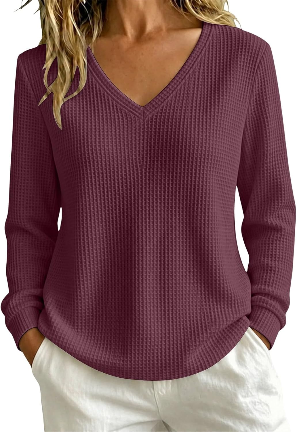 Women's waffle knit V-neck pullover sweater, photo 9 of 9