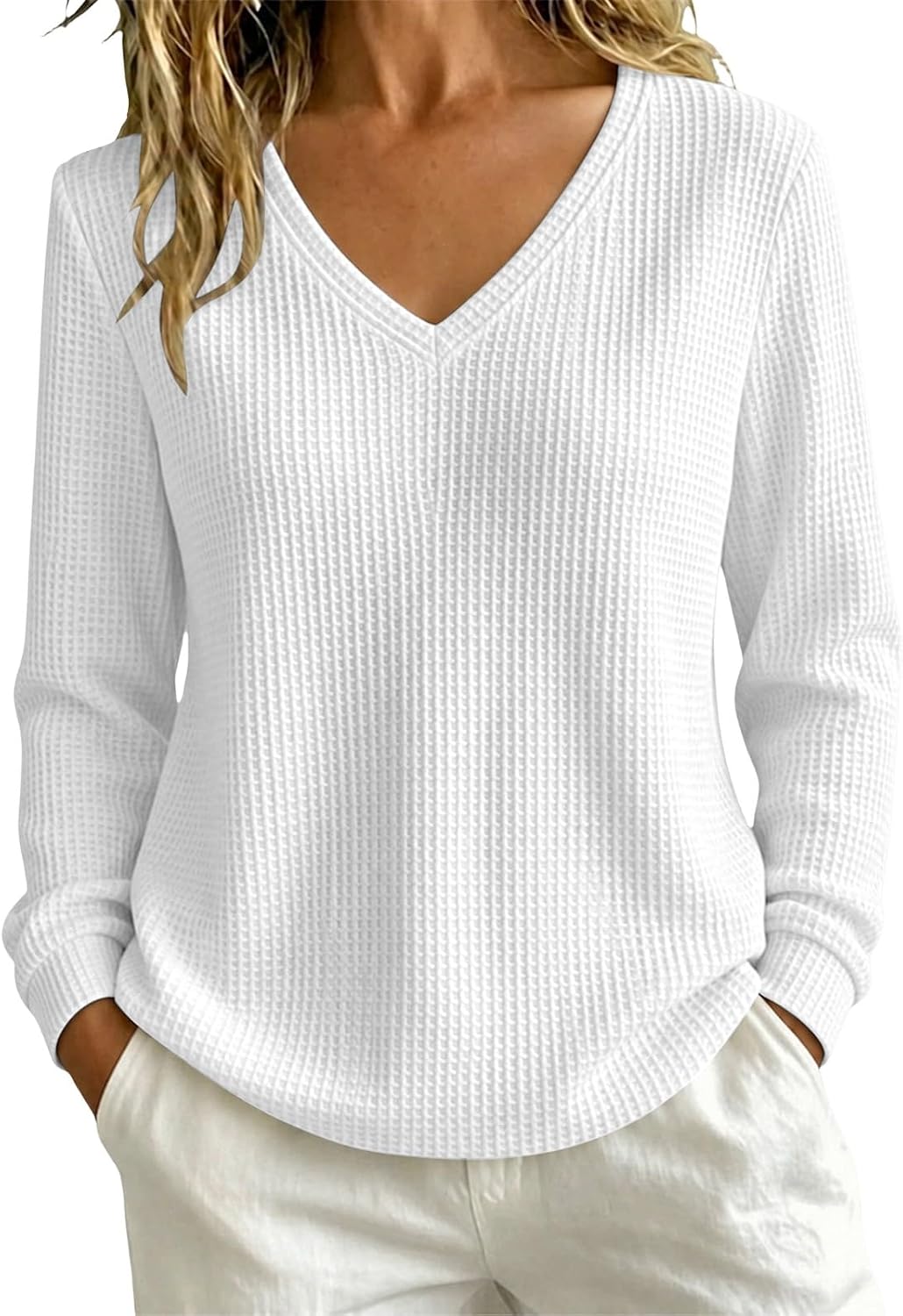 Women's waffle knit V-neck pullover sweater, photo 7 of 9