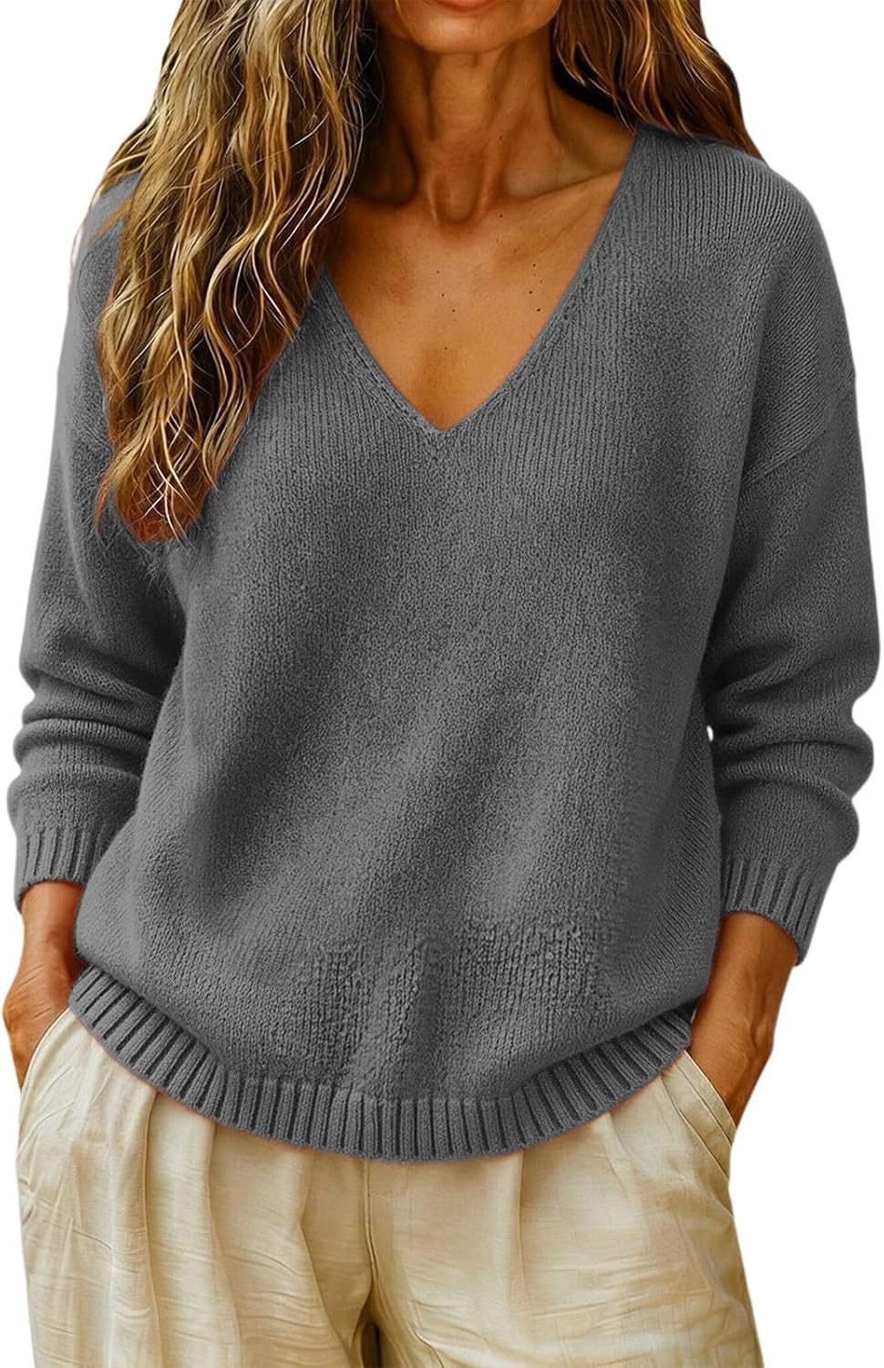 cxzeqwoke V-neck knit pullover sweater for women, photo 9 of 15