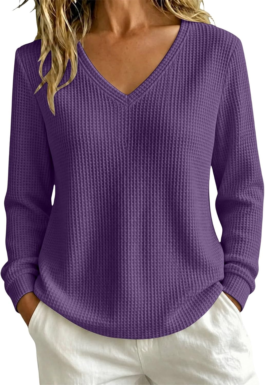 Women's waffle knit V-neck pullover sweater, photo 3 of 9