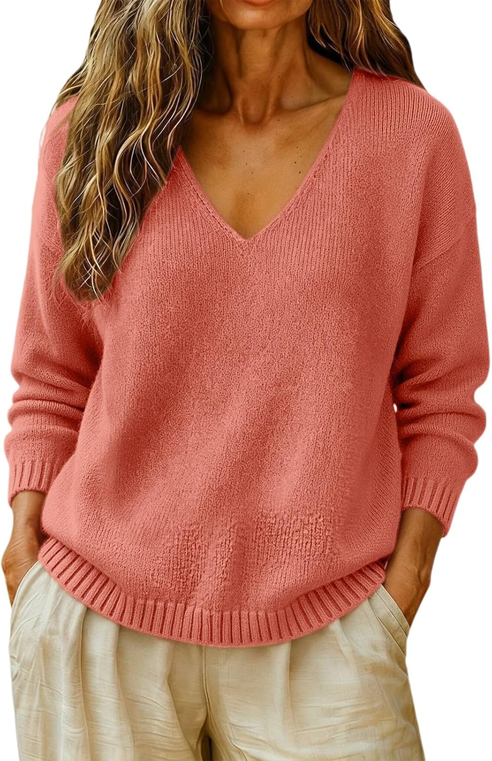 cxzeqwoke V-neck knit pullover sweater for women, photo 14 of 15
