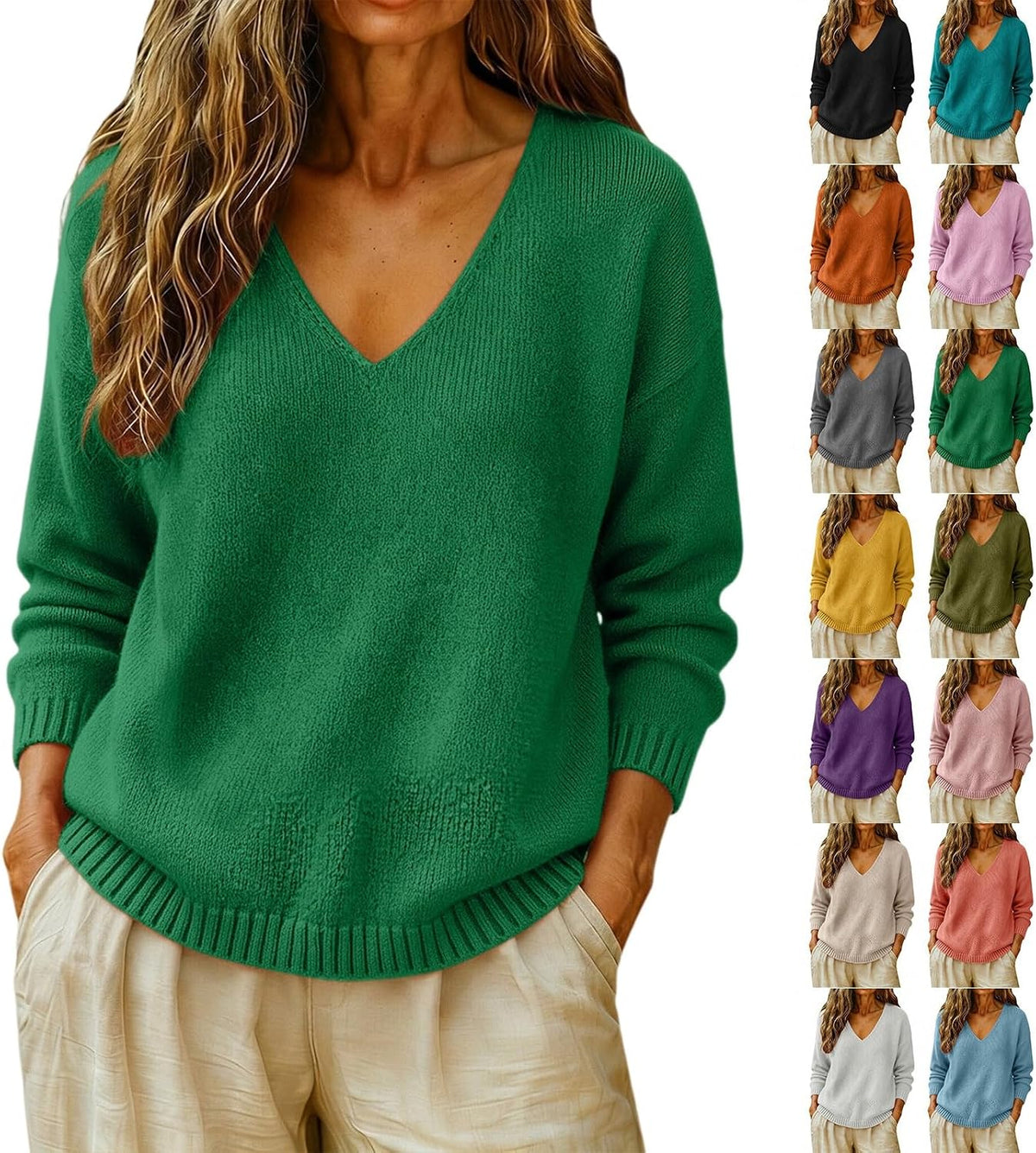 cxzeqwoke V-neck knit pullover sweater for women, photo 3 of 15