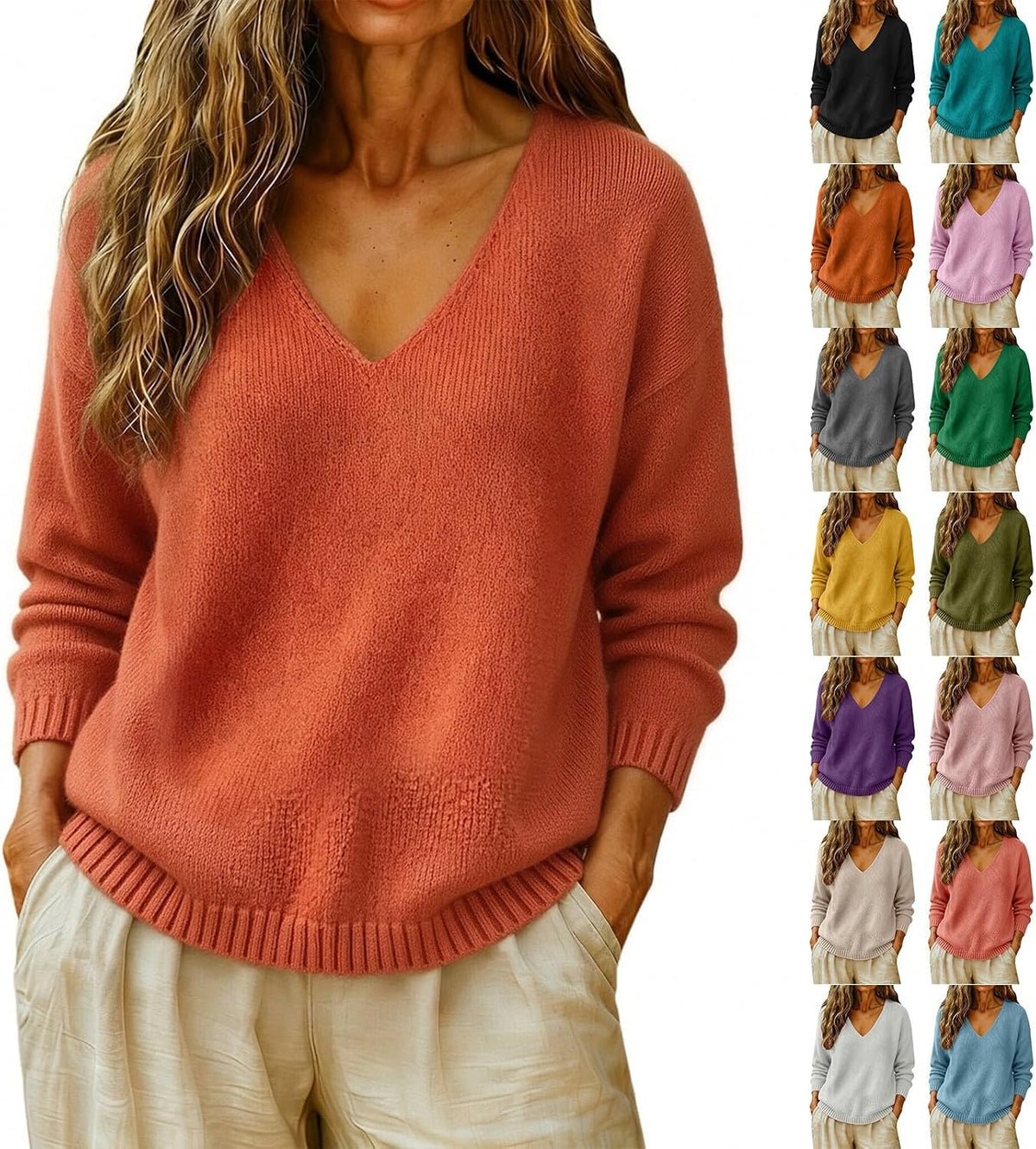 cxzeqwoke V-neck knit pullover sweater for women, photo 8 of 15